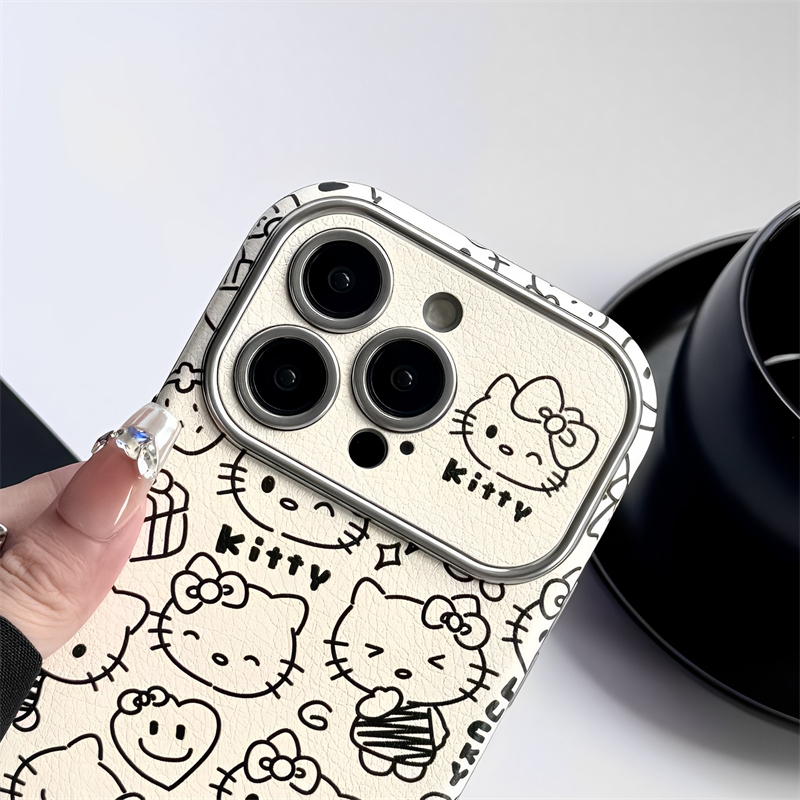 皮质可爱HelloKitty适用iphone15pro苹果16手机壳11简笔画12/13pro小众14promax全包镜头防摔保护套女高级感 - 图2