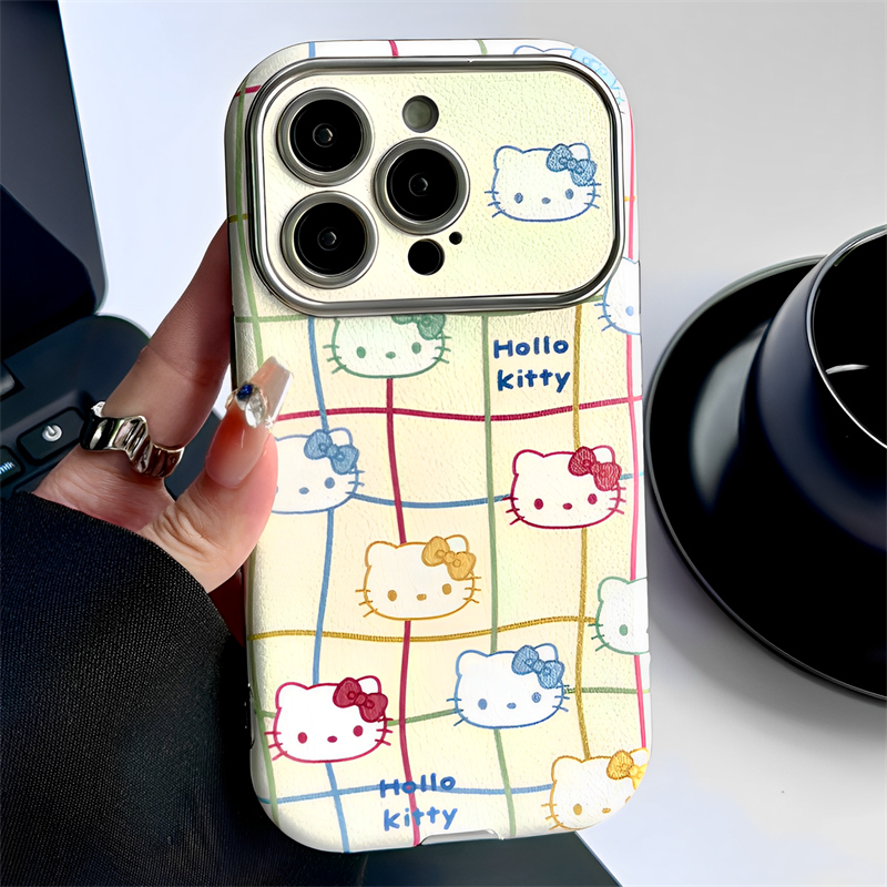 皮质可爱HelloKitty适用iphone15pro苹果16手机壳11简笔画12/13pro小众14promax全包镜头防摔保护套女高级感 - 图0