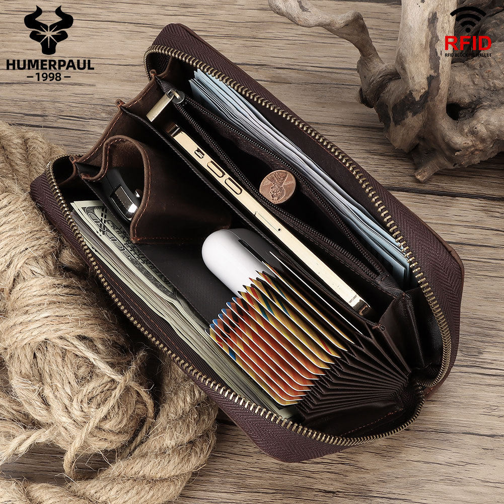 悍马保罗RFID头层牛皮复古拉链多卡位真皮男士长款钱包抽带手拿包,淘宝优惠券,粉丝福利购,淘宝优惠卷