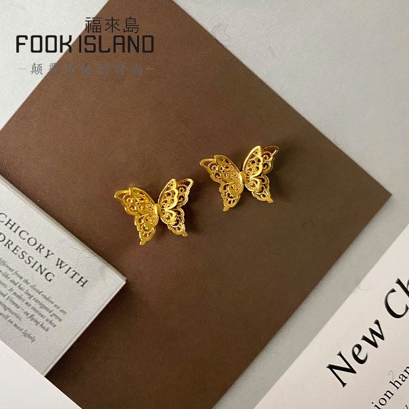 福来岛轻舞飞扬小版足金999女耳钉 福来岛耳饰