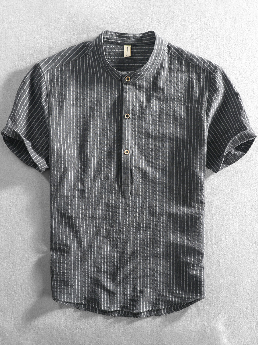 22年新男夏季装休闲纯棉麻短袖衬衫 草民麻衣衬衫