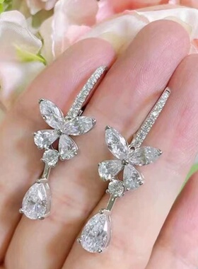 纯18K白金镶嵌进口D色莫桑石满钻蝴蝶水滴耳钉耳饰女高级轻奢小众