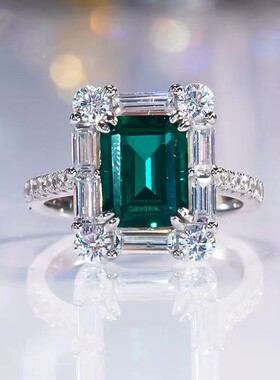 D色莫桑石长方祖母绿戒指