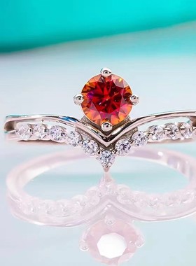 D色莫桑石V形四爪红宝石戒指