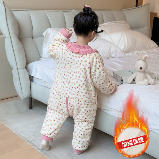 儿童连体睡衣女童珊瑚绒冬款女孩加绒加厚连身衣爬服宝宝保暖睡袋