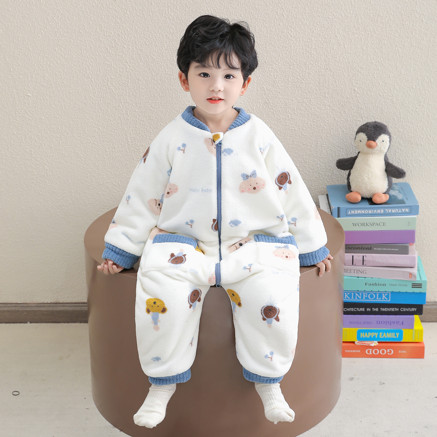 儿童睡衣连体冬款珊瑚绒男宝三层夹棉加厚爬行服冬季男童连身睡袋 - 图0