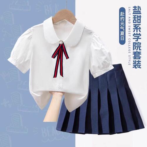 女童夏季短袖白色纯棉衬衫学生毕业儿童学院风百褶裙jk校服套装裙 - 图3
