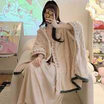 Winter Pyjamas Womens Jacquard Coral Suede Cloak Lunch Break Cape Thicken can be worn out of a sleeping robe in the middle of a long family clothes autumn and winter