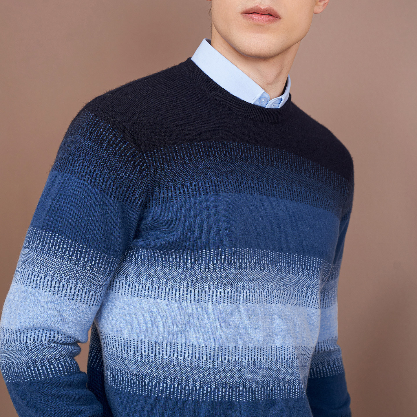 鹿王羊绒衫男士圆领渐变撞色提花保暖简约百搭男套头衫春秋新款,淘宝优惠券,粉丝福利购,淘宝优惠卷