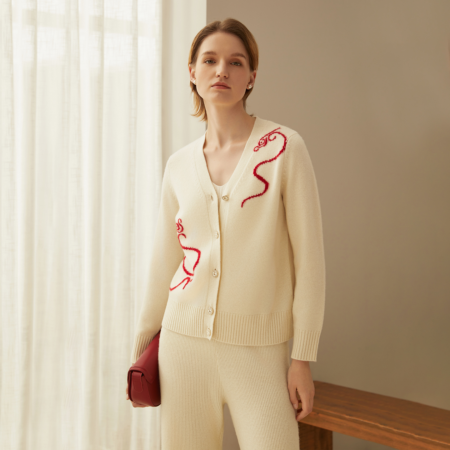 鹿王100%纯山羊绒开衫女士V领宽松气质简约提花针织衫秋冬新款 - 图2