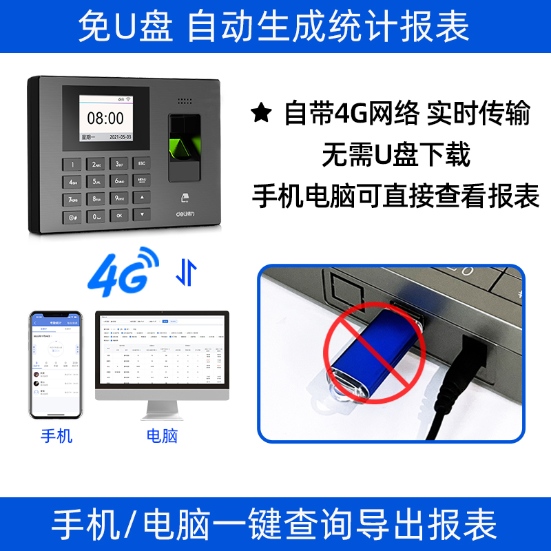 得力3960CSE智能云指纹考勤机员工上下班指纹识别打卡机免排队签到机WiF打卡手机可查考勤打卡记录自带4G网络 - 图3