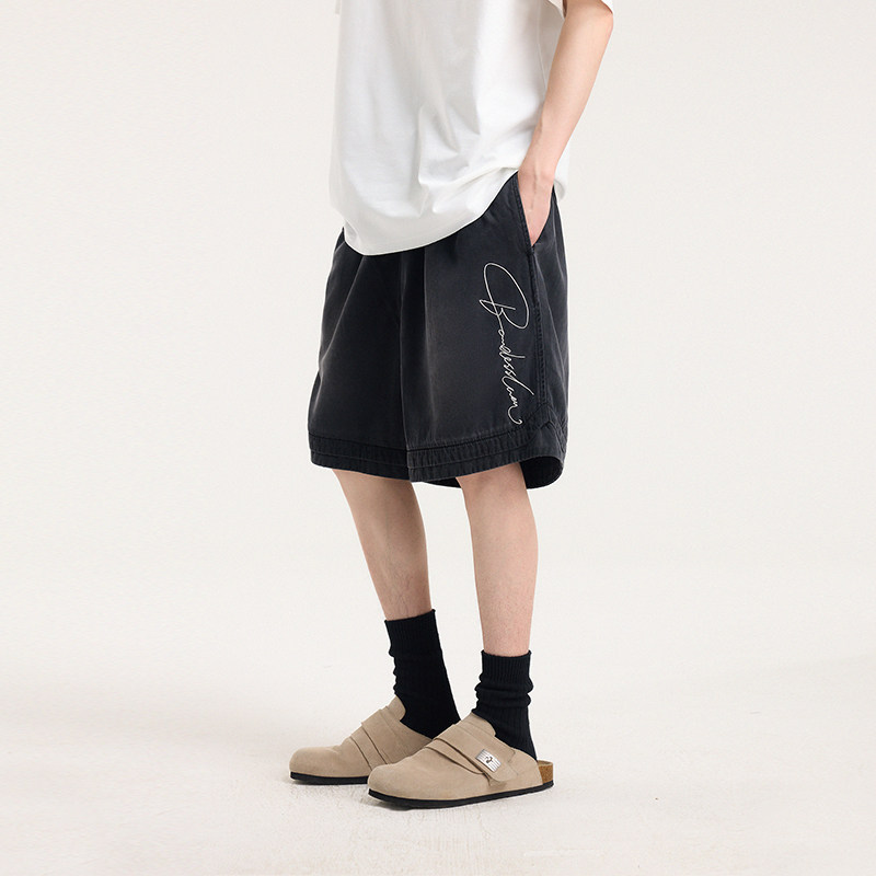 BONELESS casual floral embroidered denim shorts drawstring washed loose summer three-quarter pants Tencel straight pants
