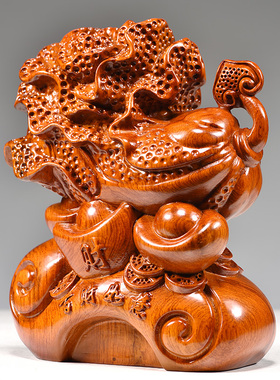 花梨木雕刻白菜摆件实木百财如意元宝家居客厅装饰开业红木工艺品