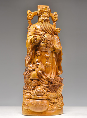 香樟木雕财神爷像摆件红木腾龙聚宝盆财神家居装饰开业送礼工艺品