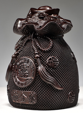 黑檀木雕刻黄金袋摆件送福纳福寓意福袋家居客厅装饰红木工艺礼品