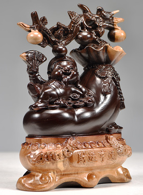 黑檀木雕财运亨通摆件实木雕刻家居客厅办公摆设开业红木工艺礼品