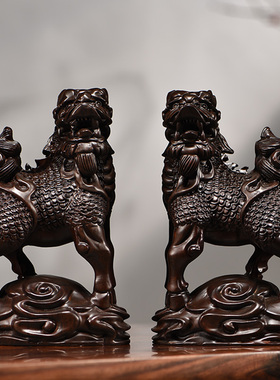 黑檀木雕刻家居客厅送礼麒麟摆件