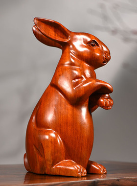 花梨木雕兔子摆件实木质动物生肖兔家居客厅办公室装饰红木工艺品