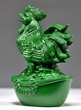 绿色木雕刻鸡摆件生肖鸡实木质雄鸡家居办公室装饰红木工艺品送礼