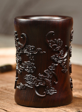 黑檀木雕刻笔筒摆件五福临门插笔收纳办公桌面新中式摆设红木礼品