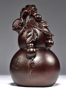 黑檀实木雕刻福禄葫芦摆件红木家居客厅电视柜玄关装饰工艺品送礼