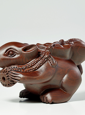 黑檀实木雕刻老鼠摆件吉祥物办公室客厅实木元宝鼠十二生肖可爱鼠