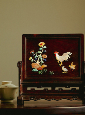 印度小叶紫檀百宝嵌四季平安插屏