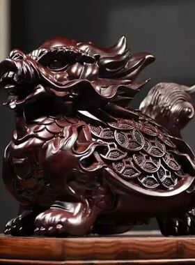 花梨木雕龙龟摆件红刻工艺