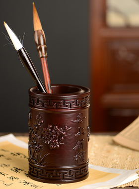 笔筒黑檀木雕喜上眉梢笔筒工艺品