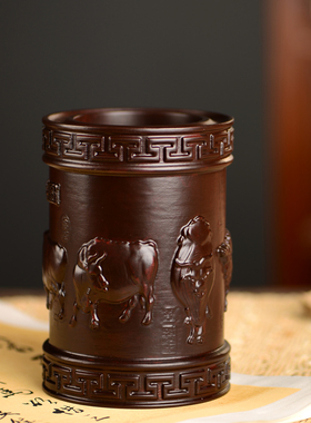 笔筒黑檀木雕五牛笔筒工艺品