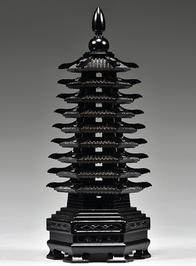 黑色桃木质雕刻9层文昌塔摆件