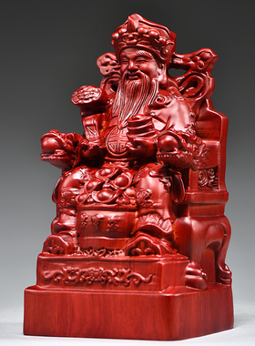 红色木雕财神爷摆件文财神