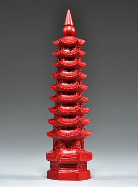 红色桃木质雕刻9层文昌塔摆件