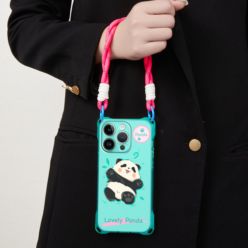 适用于苹果15promax手机壳新款挂绳女款iPhone14斜跨挂脖16卡通熊猫13pro腕带软硅胶12ins透明绿色11可爱防摔 - 图3