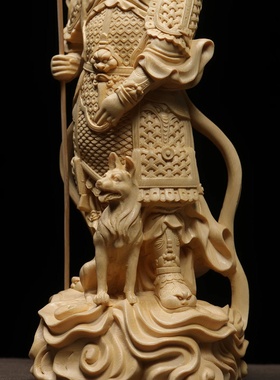 桧木精雕杨戬二郎神真君神像哮天犬摆件家居办公装饰品实木工艺品