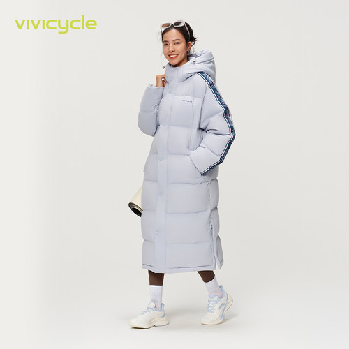 VIVICYCLE2024冬新款撞色logo织带情侣宽松长款羽绒服女保暖外套 - 图1