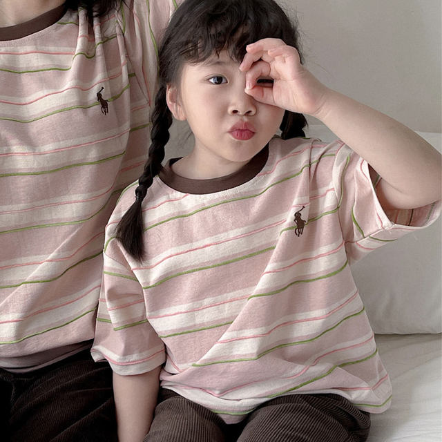 Different parent-child outfits striped mother-daughter mother-child family of three and four summer 2025 new embroidered T-shirt short sleeves