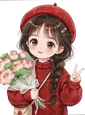 系可爱小女孩自粘贴画呆萌小姑娘手捧荷花车贴纸电动车贴门贴