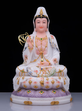 观音菩萨佛像坐莲南海观世音汉白玉娑婆三圣家用供奉摆件工艺品