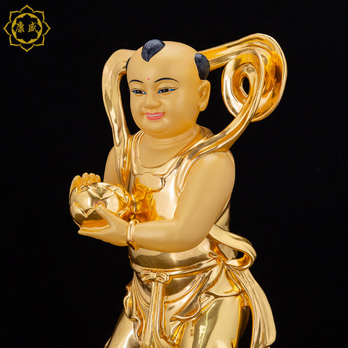 金童玉女铜像善财童子龙女观音伺从铜贴真金佛像居家公工艺摆件 - 图1