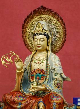 康盛自在观音菩萨佛像铜彩绘金童玉女神像观世音佛像摆件家用供奉