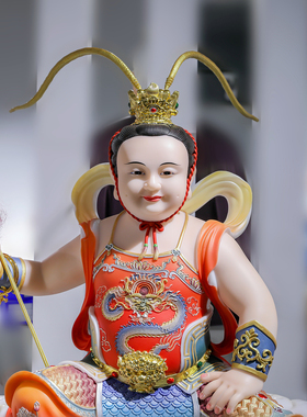 哪吒三太子神像中坛元帅脚踏风火轮混天绫汉白玉像家用供奉摆件