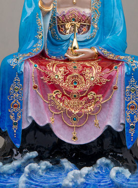 全铜禅定观音佛像黄铜热着色坐山海浪南海观世音水月观音菩萨摆件