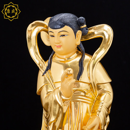 金童玉女铜像善财童子龙女观音伺从铜贴真金佛像居家公工艺摆件 - 图2