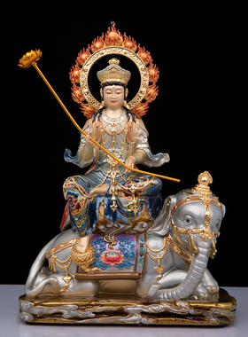 文殊普贤菩萨佛像纯铜贴金彩绘华严三圣佛像家用供奉摆件文殊菩萨