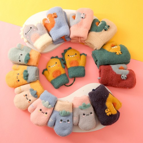 儿童手套秋冬季保暖婴幼儿小童卡通恐龙男童女童宝宝婴儿加厚加绒 - 图0