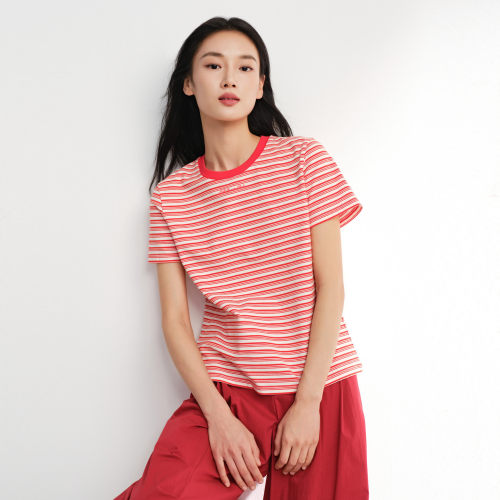 EP雅莹2026春装新款女装 红色条纹色织棉质圆领收腰短袖T恤5309A - 图1