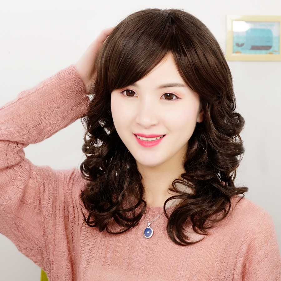正品中年妈妈假发女长发卷发全头套化疗后女士真发斜刘海中长发假