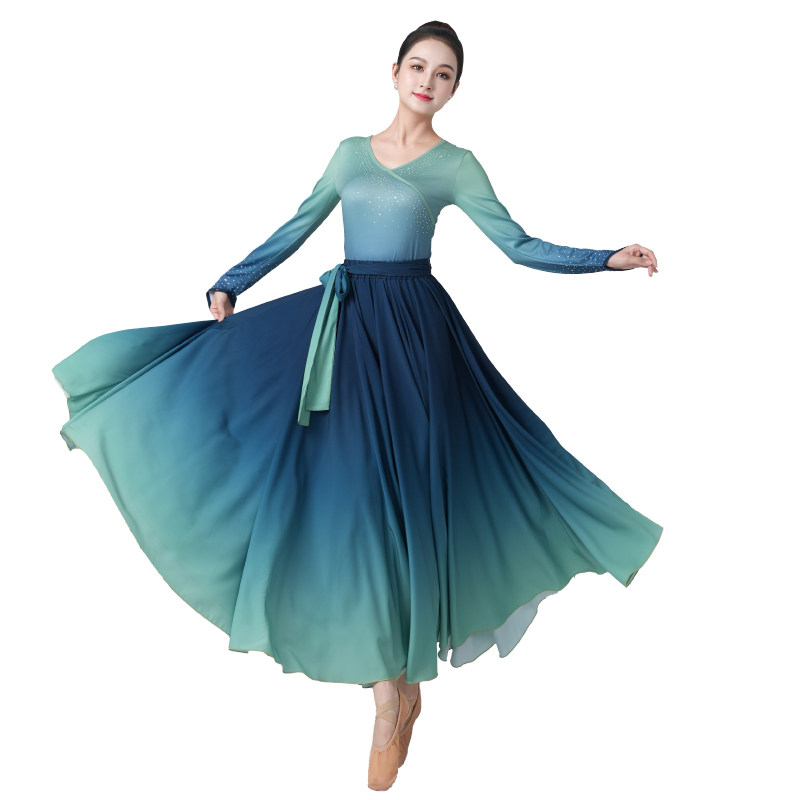 新款舞蹈服女渐变仙气V领上衣飘逸渐变雪纺720度大摆裙服装套装,淘宝优惠券,粉丝福利购,淘宝优惠卷