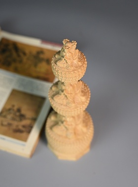 小叶黄杨木雕刻祈福佛塔摆件三面佛塔佛像中式实木家居雕刻工艺品